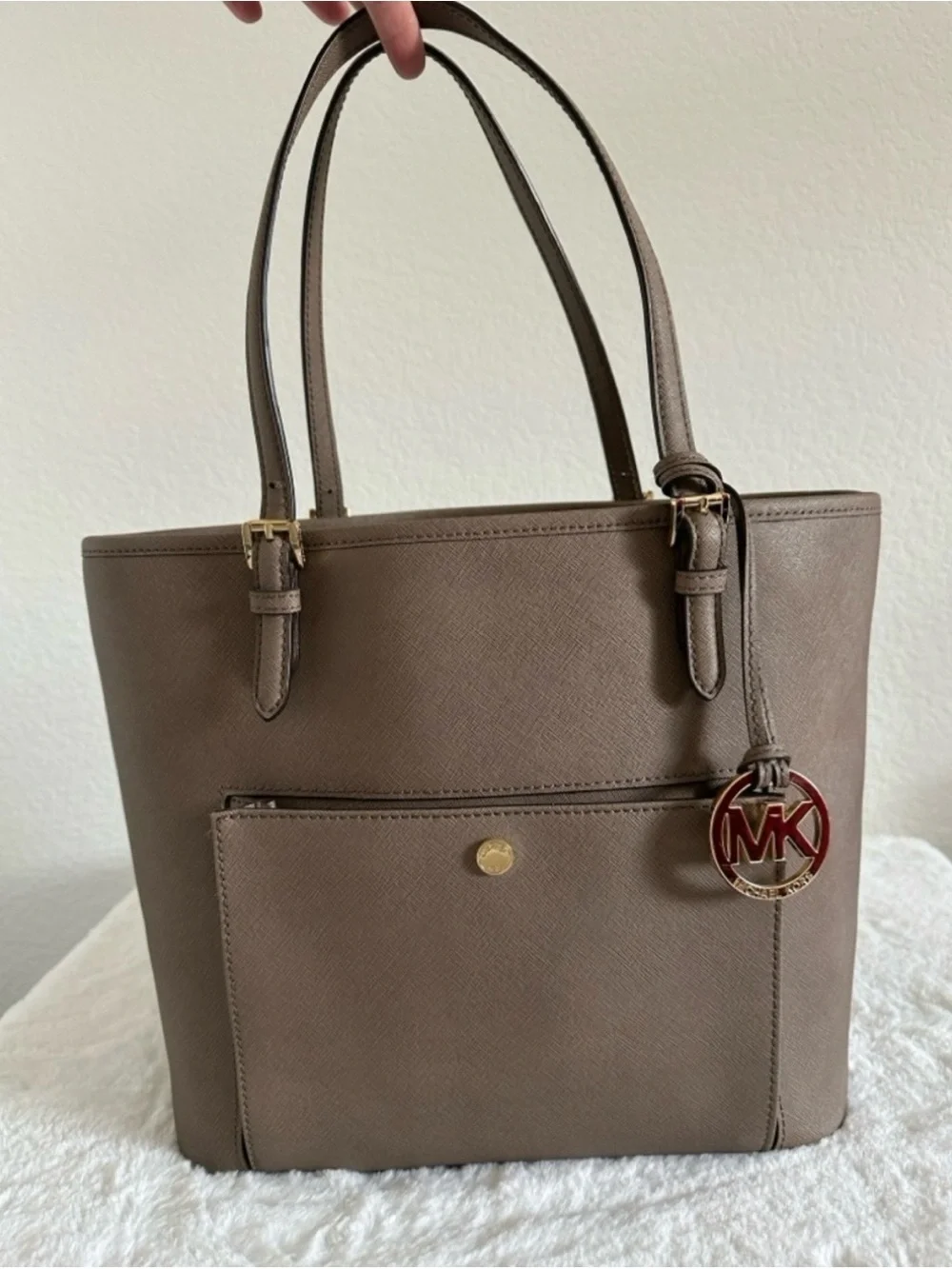 Michael Kors Taupe Saffiano Leather Tote with MK Charm